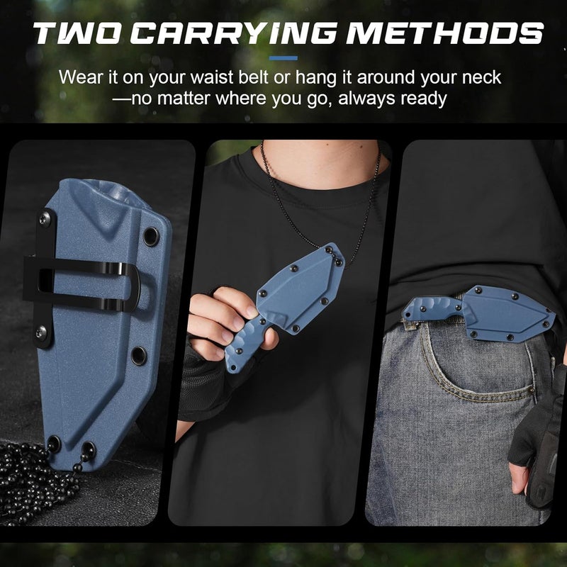 SPITZKANTE 3.07" Small Neck Knife X-TAN-K, Horizontal Carry Knife with Sheath and Necklace, Full Tang Tanto 5Cr14MoV Steel Blade, Blue ABS Handle - Image 4